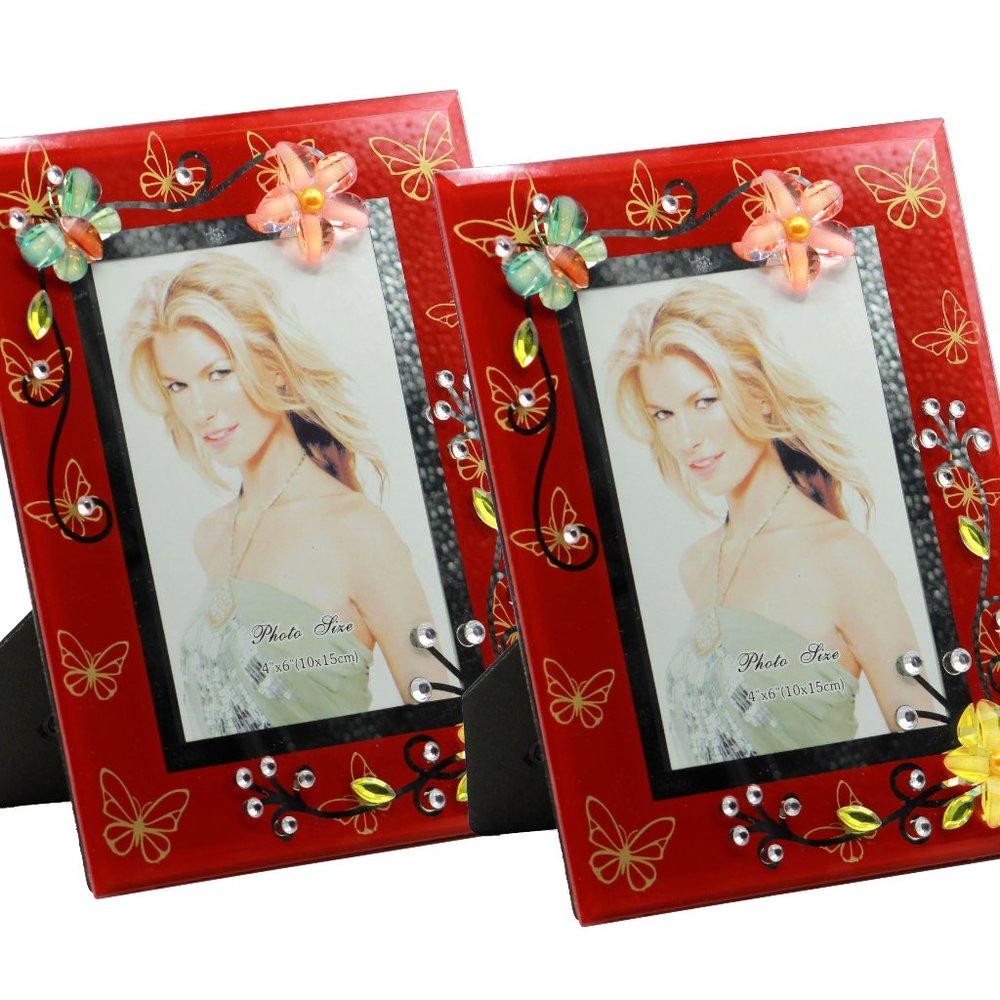 Two sets of Beautiful Red Glass 4" x 6" Photo Picture Frame with Flowers and But
